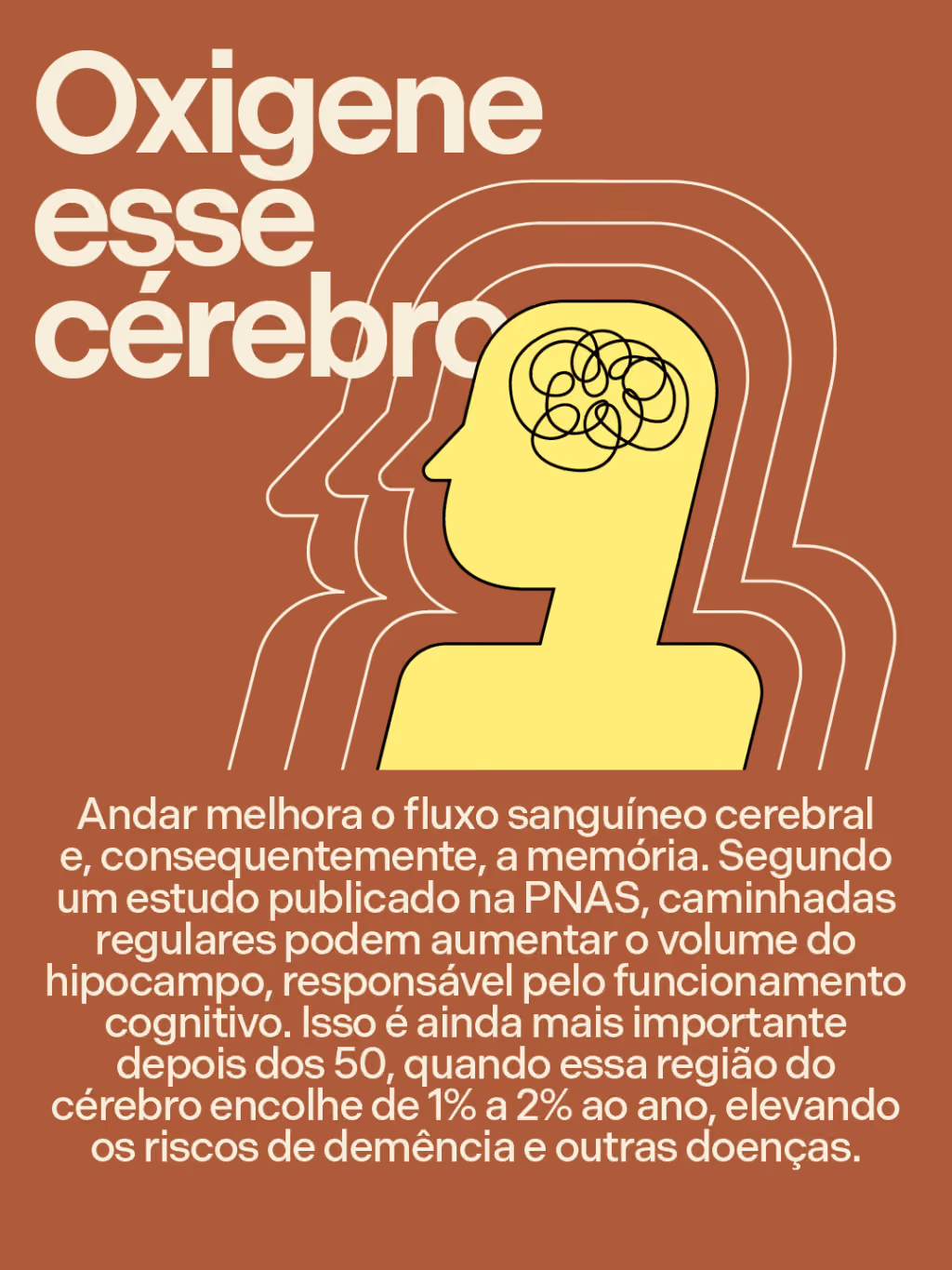 Oxigene esse cérebro
Andar melhora o fluxo sanguíneo cerebral e, consequentemente, a memória. Segundo um estudo publicado na PNAS, caminhadas regulares podem aumentar o volume do hipocampo, responsável pelo funcionamento cognitivo. Isso é ainda mais importante depois dos 50, quando essa região do cérebro encolhe de 1% a 2% ao ano, elevando os riscos de demência e outras doenças. 
