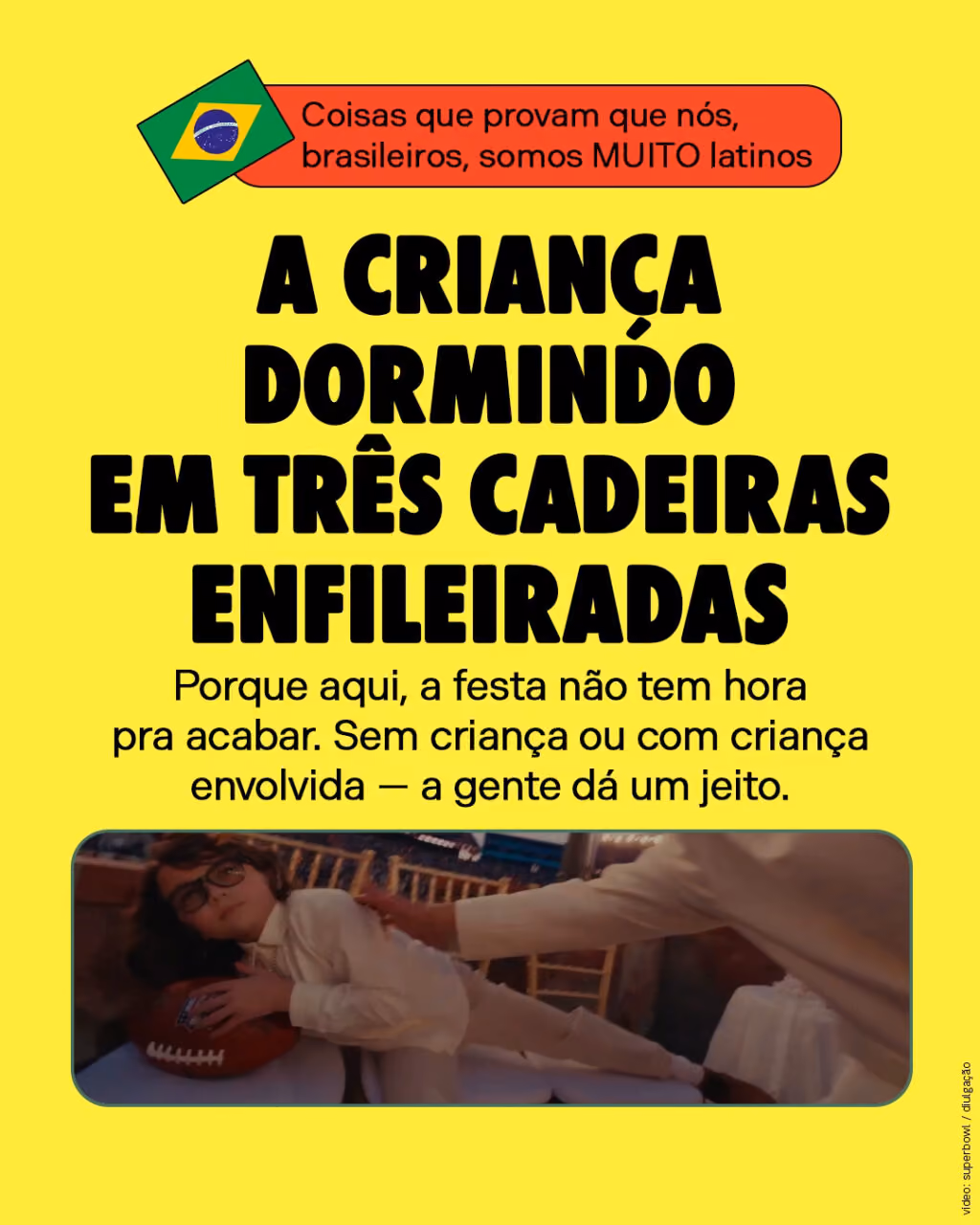 A criança dormindo em três cadeiras enfileiradas
Porque aqui, a festa não tem hora pra acabar.
Sem criança ou com criança envolvida — a gente dá um jeito.
