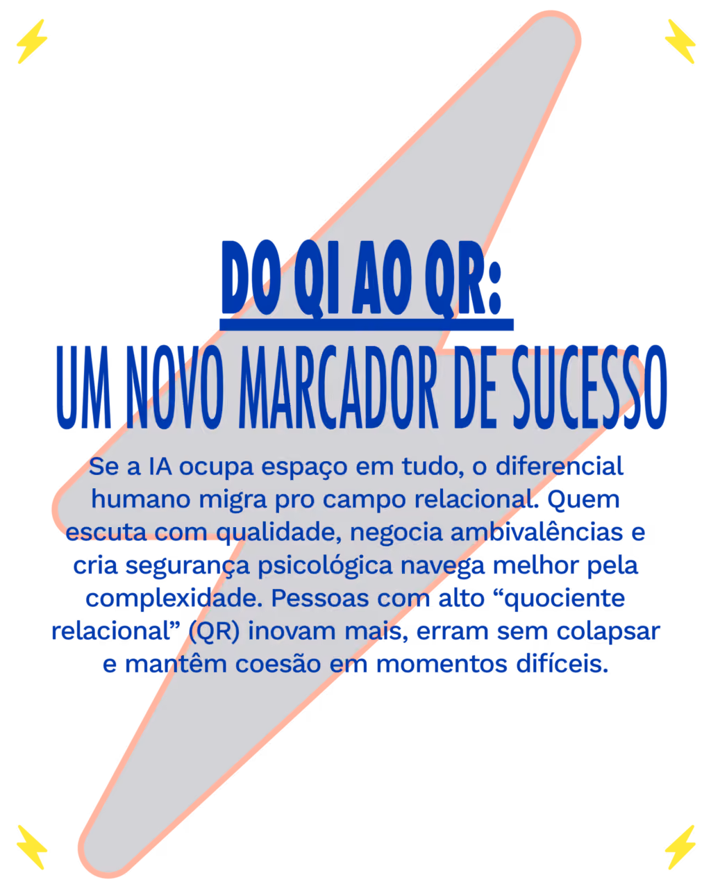 Do QI ao QR: um novo marcador de sucesso
Se a IA ocupa espaço em tudo, o diferencial humano migra pro campo relacional. Quem escuta com qualidade, negocia ambivalências e cria segurança psicológica navega melhor pela complexidade. Pessoas com alto “quociente relacional” (QR) inovam mais, erram sem colapsar e mantêm coesão em momentos difíceis.