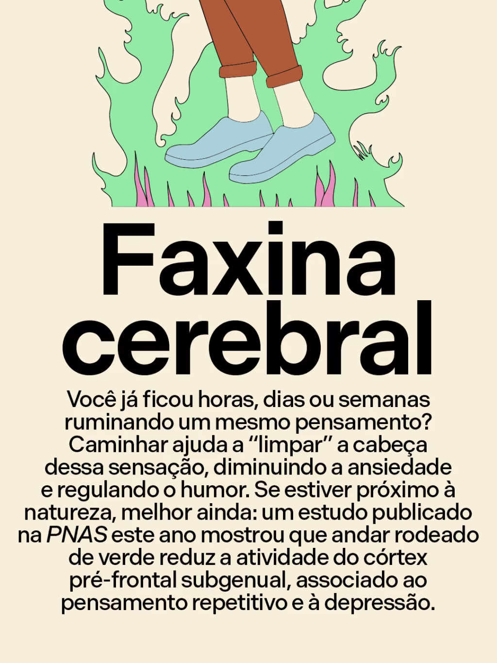Faxina cerebral
Você já ficou horas, dias ou semanas ruminando um mesmo pensamento? Caminhar ajuda a “limpar” a cabeça dessa sensação, diminuindo a ansiedade e regulando o humor. Se estiver próximo à natureza, melhor ainda: um estudo publicado na PNAS este ano mostrou que andar rodeado de verde reduz a atividade do córtex pré-frontal subgenual, associado ao pensamento repetitivo e à depressão.
