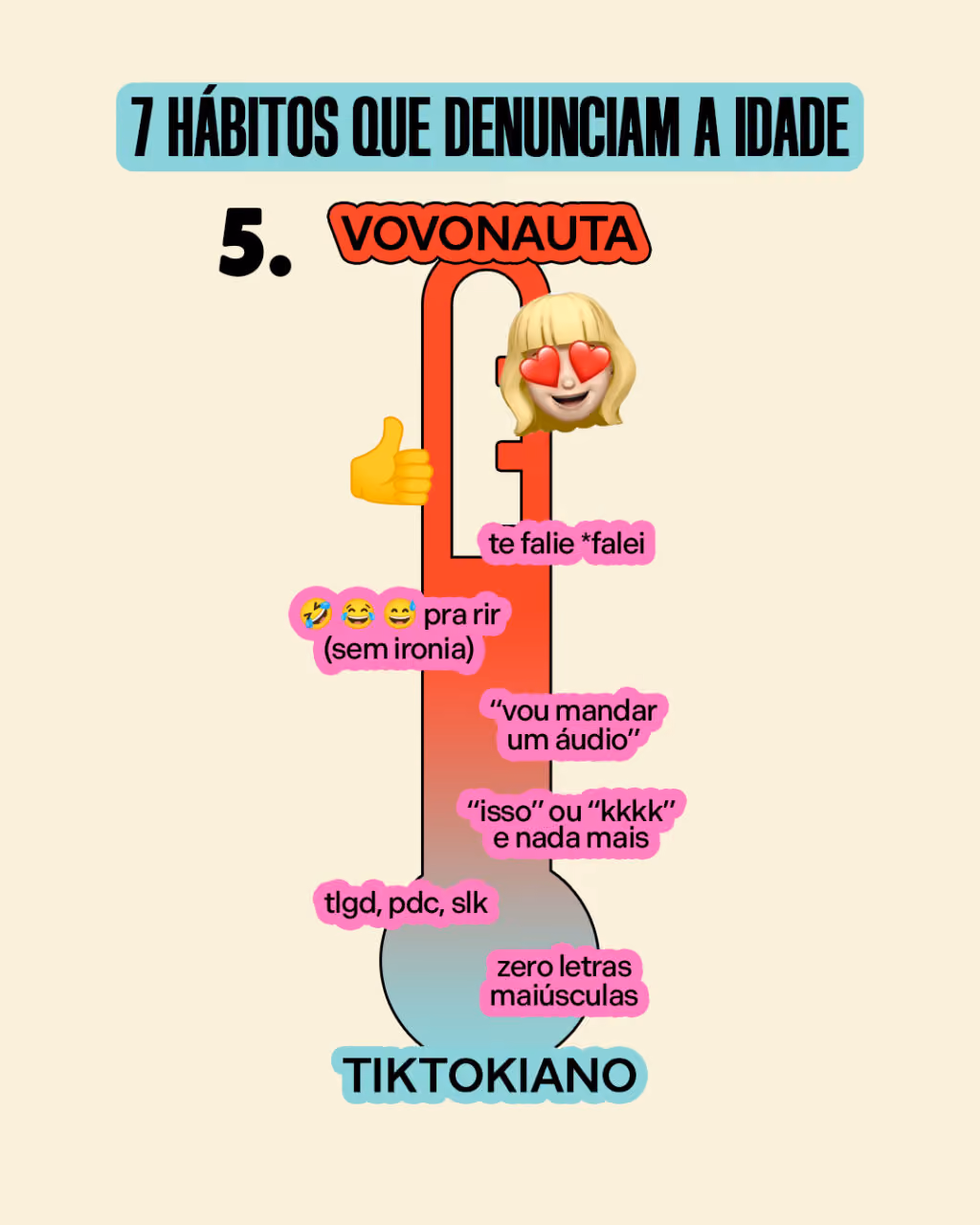 #5
VOVONAUTA
- Aquelas figurinhas personalizadas com a sua cara
- Emoji de joinha
- OK ou bj
- te falie *falei
- 🤣 😂 😅 pra rir (sem ironia)
- “vou mandar um áudio”
- “isso” ou “kkkk” e nada mais
- tlgd, pdc, slk
- zero letras maiúsculas
TIKTOKIANO