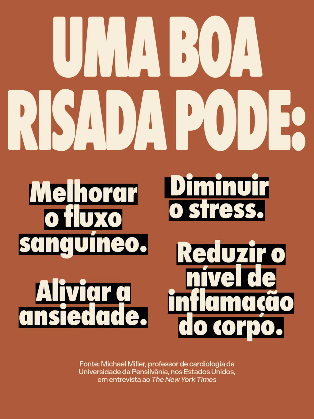 Uma boa risada pode:
. Diminuir o stress.
. Aliviar a ansiedade.
. Reduzir o nível de inflamação do corpo.
. Melhorar o fluxo sanguíneo. 

Fonte: Michael Miller, professor de cardiologia da Universidade da Pensilvânia, nos Estados Unidos, em entrevista ao The New York Times
