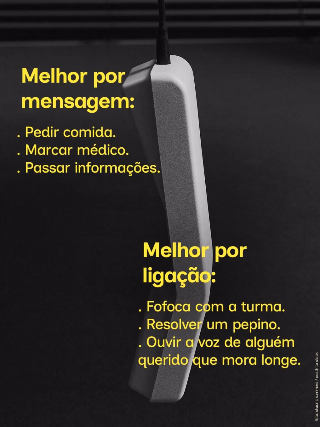 Melhor por mensagem:
. Pedir comida.
. Marcar médico.
. Passar informações que vão precisar ser revistas.

Melhor por ligação:
. Fofoca com a turma.
. Resolver um pepino.
. Ouvir a voz de alguém querido que mora longe.
