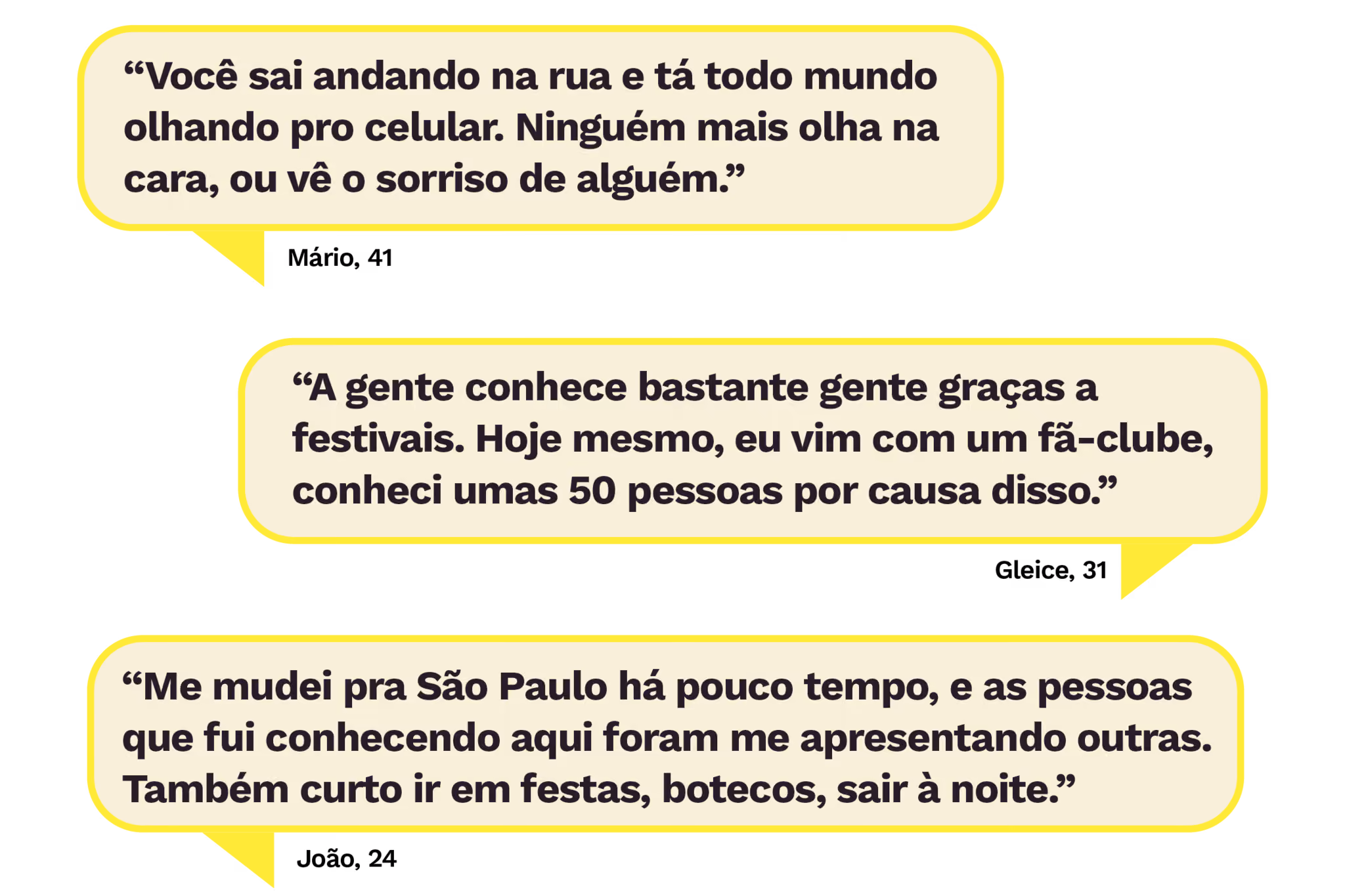 “Você sai andando na rua e tá todo mundo olhando pro celular. Ninguém mais olha na cara, ou vê o sorriso de alguém.”
Mário, 41
“A gente conhece bastante gente graças a festivais. Hoje mesmo, eu vim com um fã-clube, conheci umas 50 pessoas por causa disso.”
Gleice, 31
“Me mudei pra São Paulo há pouco tempo, e as pessoas que fui conhecendo aqui foram me apresentando outras. Também curto ir em festas, botecos, sair à noite.”
João, 24