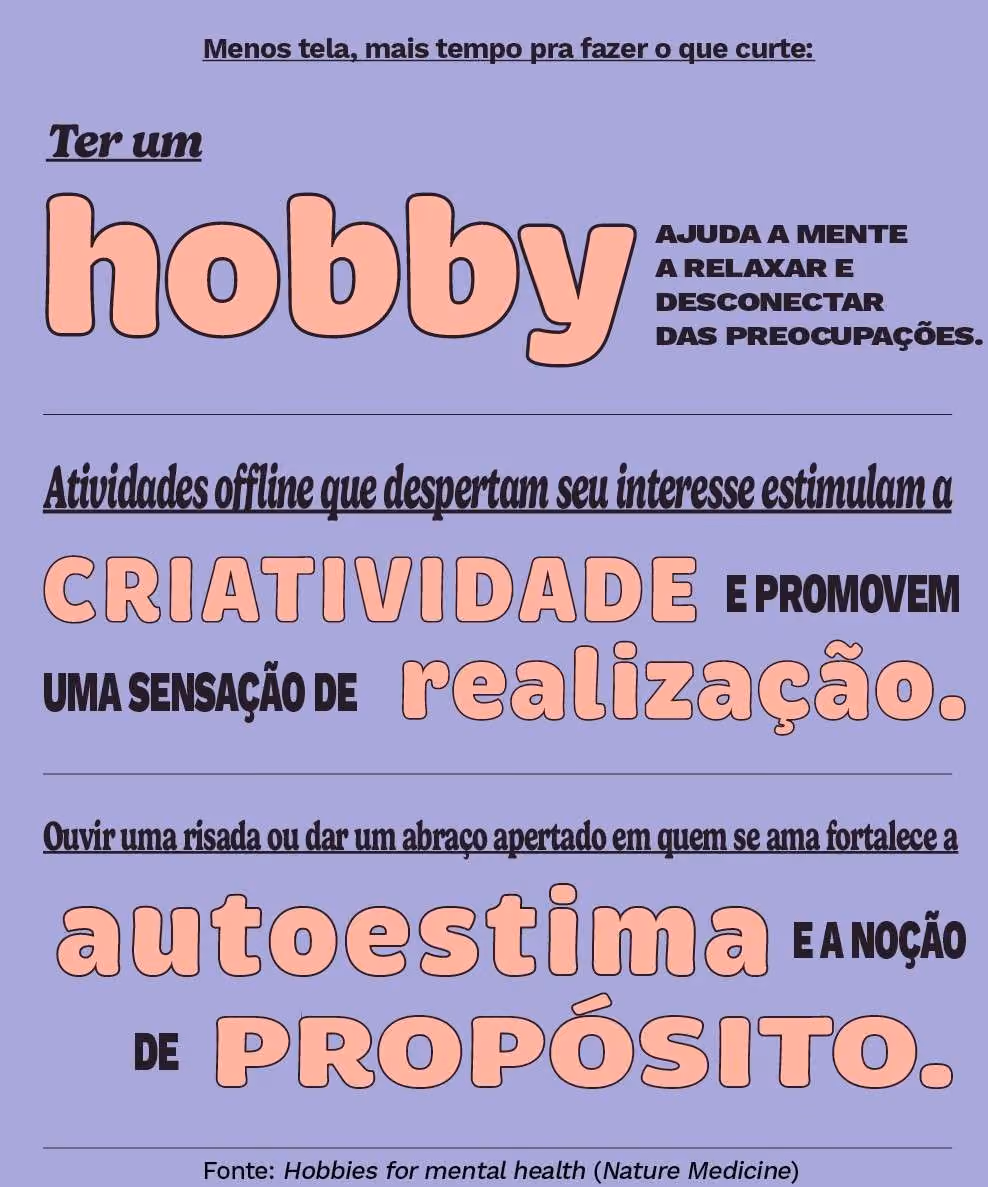 Menos tela, mais tempo pra fazer o que curte: Ter um hobby ajuda a mente a relaxar e desconectar das preocupações. Atividades offline que despertam seu interesse estimulam a criatividade e promovem uma sensação de realização. Ouvir uma risada ou dar um abraço apertado em quem se ama fortalece a autoestima e a noção de propósito. Fonte: Hobbies for mental health (Nature Medicine)
