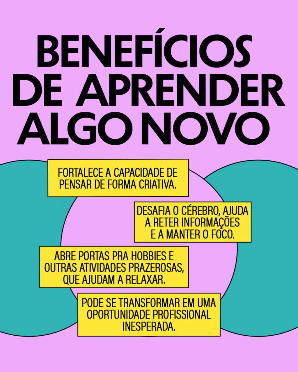 Benefícios de aprender algo novo
. Desafia o cérebro, ajuda a reter informações e a manter o foco.
. Fortalece a capacidade de pensar de forma criativa.
. Abre portas pra hobbies e outras atividades prazerosas, que ajudam a relaxar.
. Pode se transformar em uma oportunidade profissional inesperada.