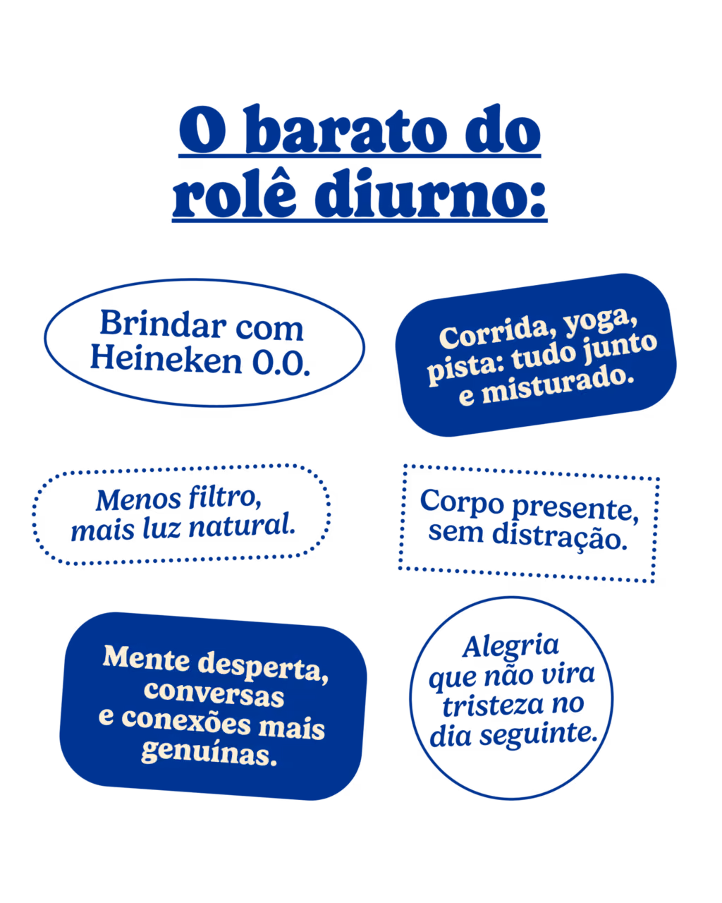 O barato do rolê diurno:
·  	Brindar com Heineken 0.0.
·  	Corrida, yoga, pista: tudo junto e misturado.
·  	Menos filtro, mais luz natural.
·  	Corpo presente, sem distração.
·  	Mente desperta, conversas e conexões mais genuínas.
·  	Alegria que não vira tristeza no dia seguinte.