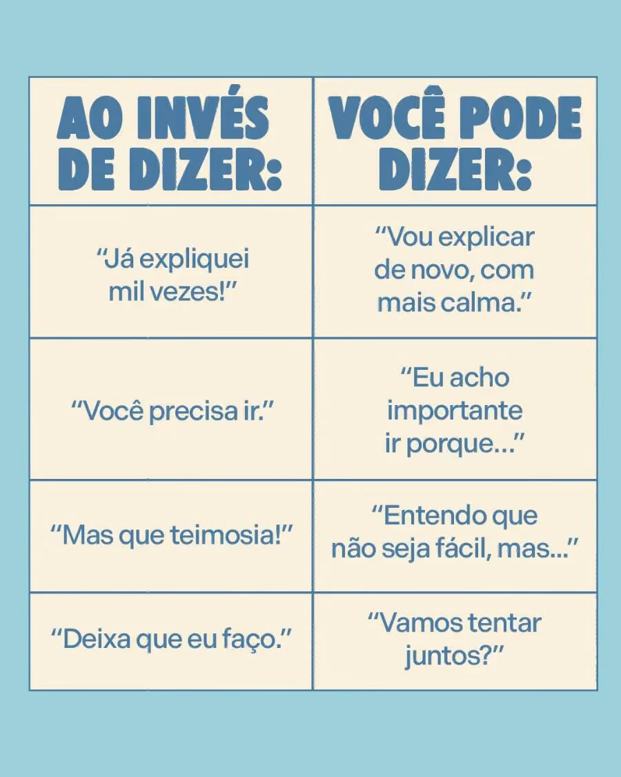 Que tal
Ao invés de dizer:
“Já expliquei mil vezes!”
“Você precisa ir.”
“Mas que teimosia!”
“Deixa que eu faço.”

Você pode dizer:
“Vou explicar de novo, com mais calma.”
“Eu acho importante ir porque…”
“Entendo que não seja fácil, mas...”
“Vamos tentar juntos?”