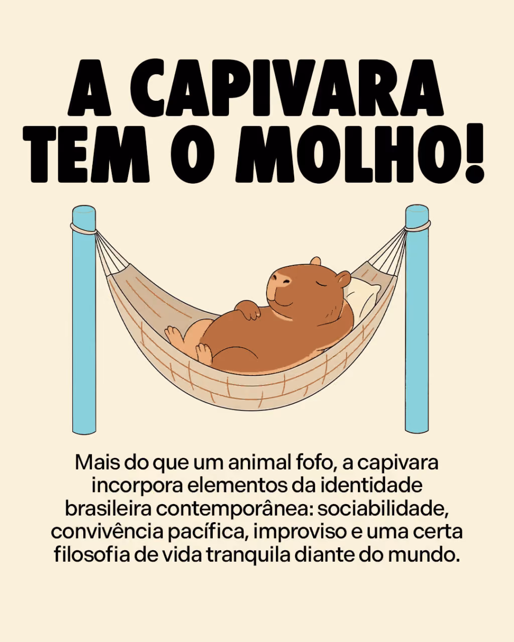 A capivara tem o molho!
Mais do que um animal fofo, a capivara incorpora elementos da identidade brasileira contemporânea: sociabilidade, convivência pacífica, improviso e uma certa filosofia de vida tranquila diante do mundo.