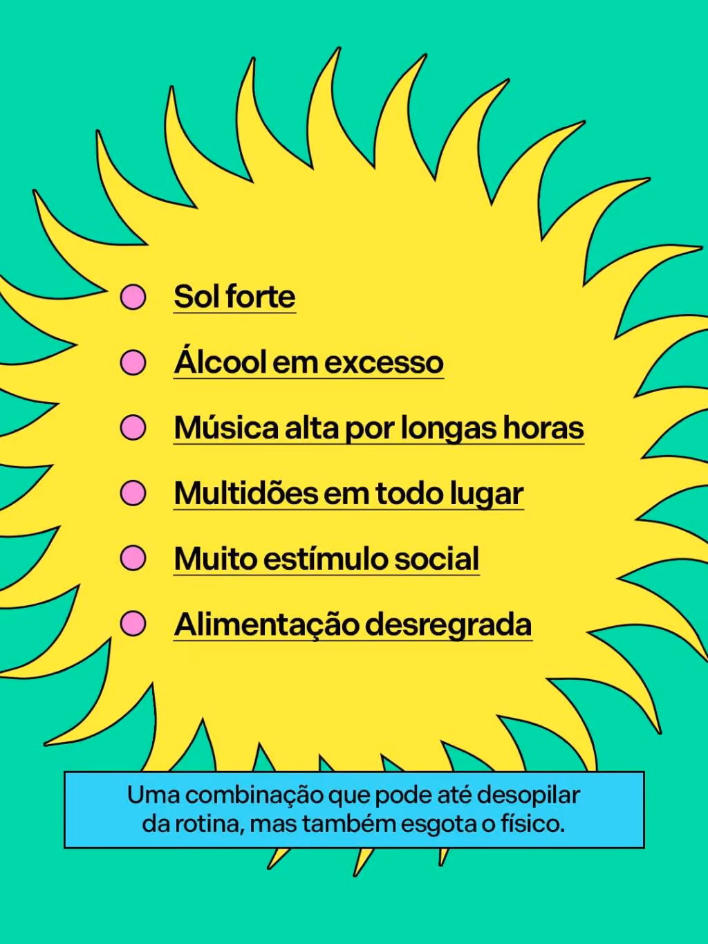 Sol forte
Álcool em excesso
Música alta por longas horas
Multidões em todo lugar
Muito estímulo social
Alimentação desregrada

Uma combinação que pode até desopilar da rotina, mas também esgota o físico.