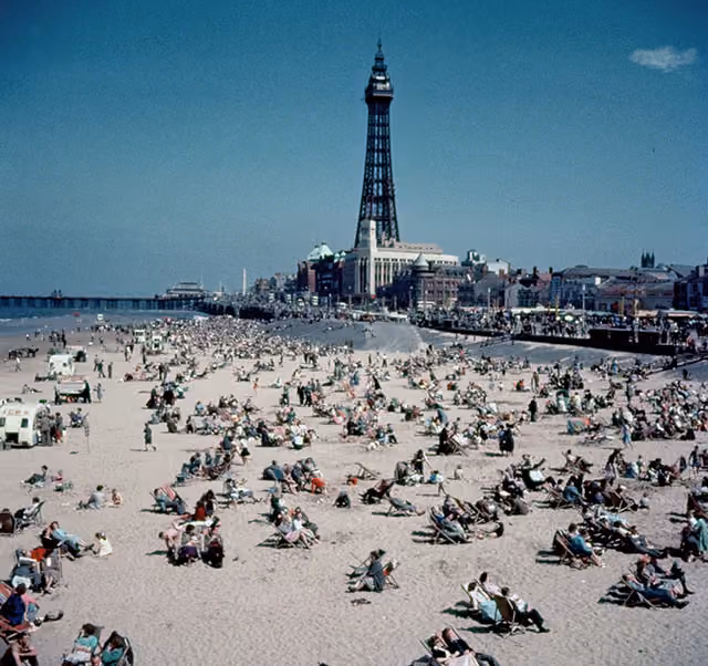The beach at Blackpool, with the tower in the background.  Original Publication: Picture Post - 7227 - Blackpool - pub. 1954   (Photo by John Chillingworth/Getty Images)