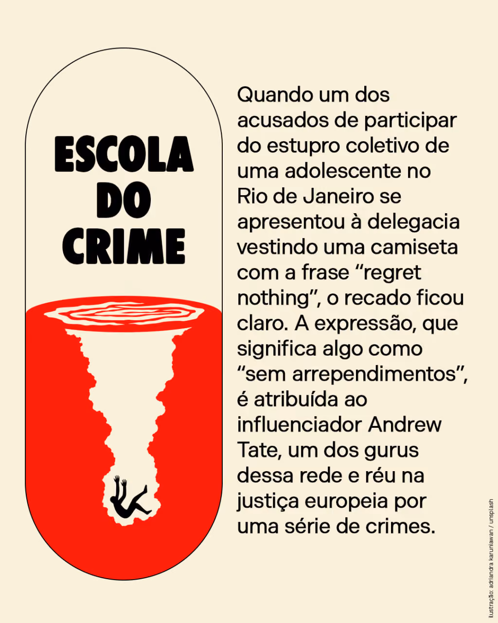 ESCOLA DO CRIME
Quando um dos acusados de participar do estupro coletivo de uma adolescente no Rio de Janeiro se apresentou à delegacia vestindo uma camiseta com a frase “regret nothing”, o recado ficou claro. A expressão, que significa algo como “sem arrependimentos”, é atribuída ao influenciador Andrew Tate, um dos gurus dessa rede e réu na justiça europeia por uma série de crimes.
