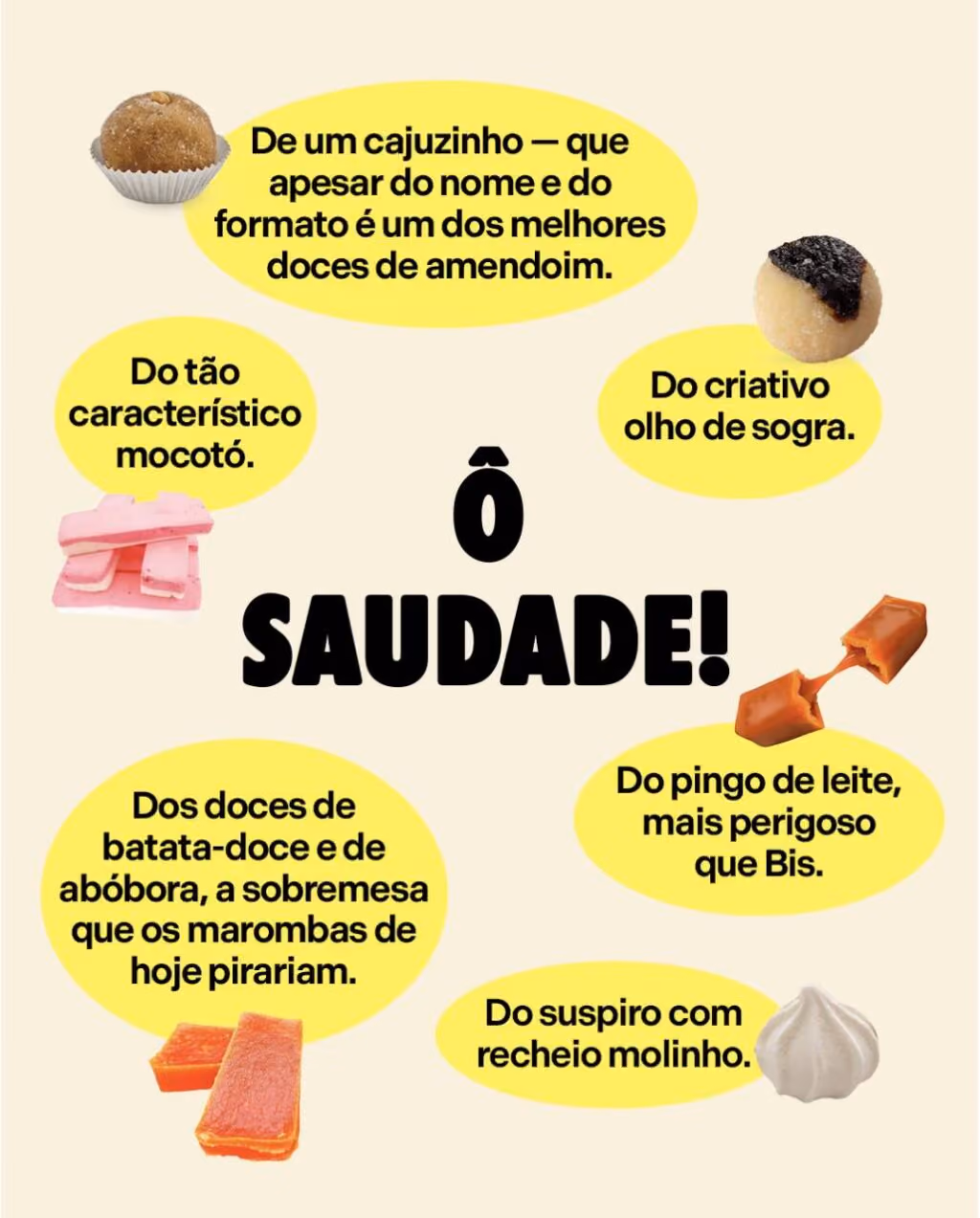 Ô saudade!
De um cajuzinho — que apesar do nome e do formato é um dos melhores doces de amendoim.
Do criativo olho de sogra.
Do tão característico mocotó.
Do suspiro com recheio molinho.
Do pingo de leite, mais perigoso que Bis.
Dos doces de batata-doce e de abóbora, a sobremesa que os marombas de hoje pirariam.