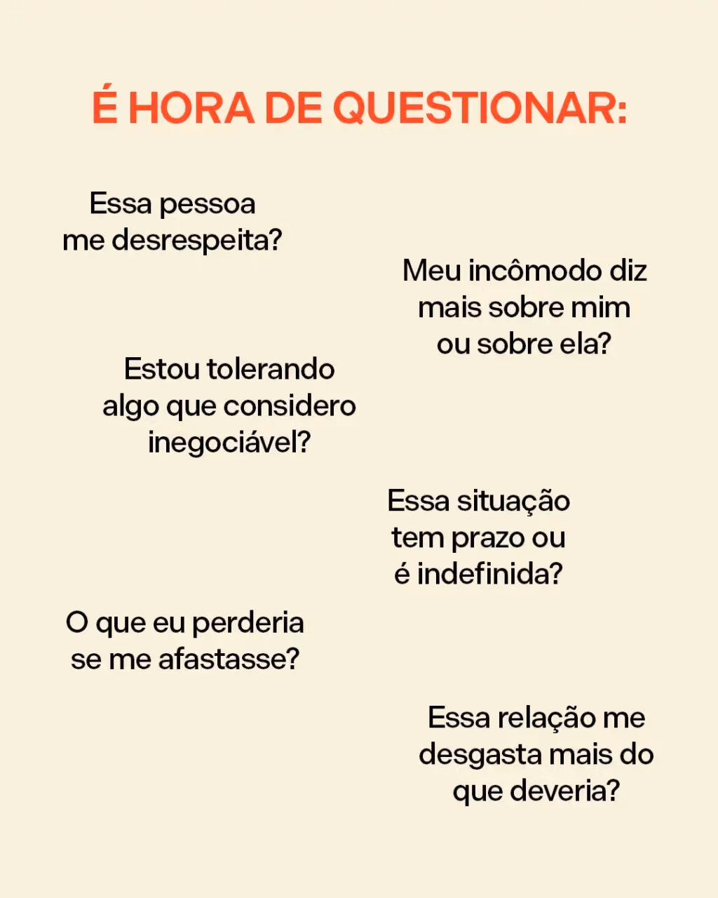 É hora de questionar:
. Essa pessoa me desrespeita?
. Meu incômodo diz mais sobre mim ou sobre ela?
. Estou tolerando algo que considero inegociável?
. Essa situação tem prazo ou é indefinida?
. O que eu perderia se me afastasse?
. Essa relação me desgasta mais do que deveria?
