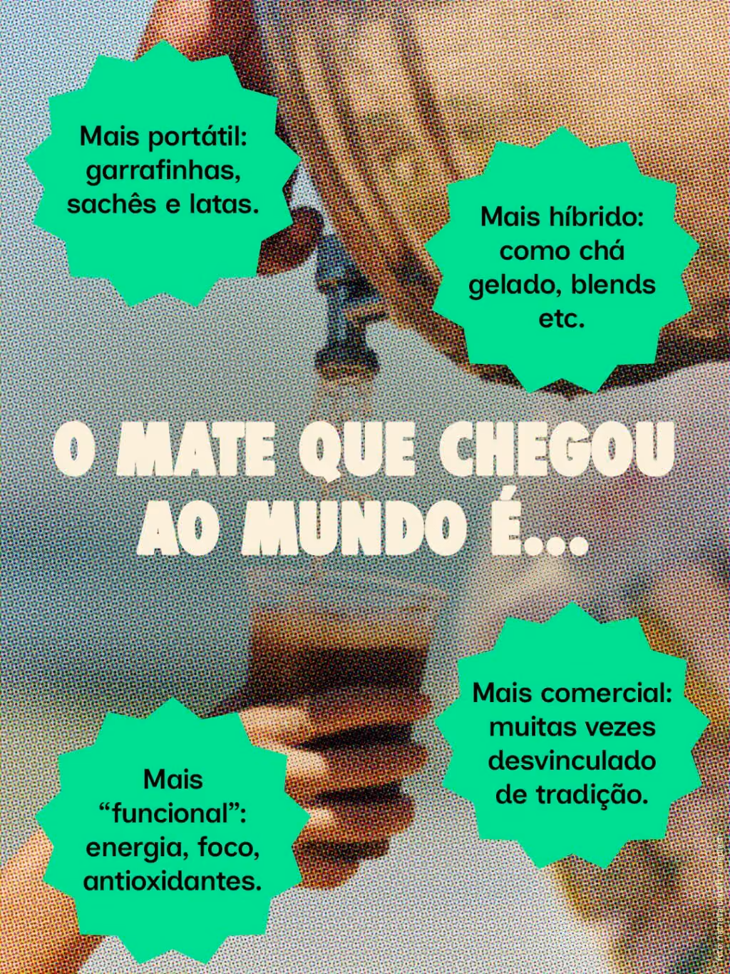 O mate que chegou ao mundo é…
Mais portátil: garrafinhas, sachês e latas.
Mais híbrido: como chá gelado, blends etc.
Mais “funcional”: energia, foco, antioxidantes.
Mais comercial: muitas vezes desvinculado de tradição.