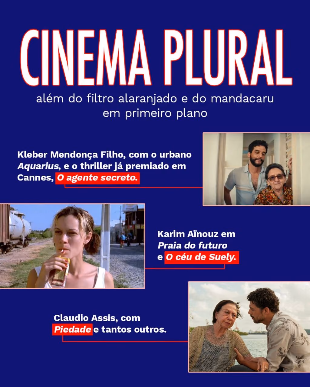 Cinema plural: Além do filtro alaranjado e do mandacaru em primeiro plano.
· Kleber Mendonça Filho, com o urbano Aquarius, e o thriller já premiado em Cannes, O agente secreto.
· Karim Aïnouz em Praia do futuro e O céu de Suely.
· Claudio Assis, com Piedade e tantos outros.